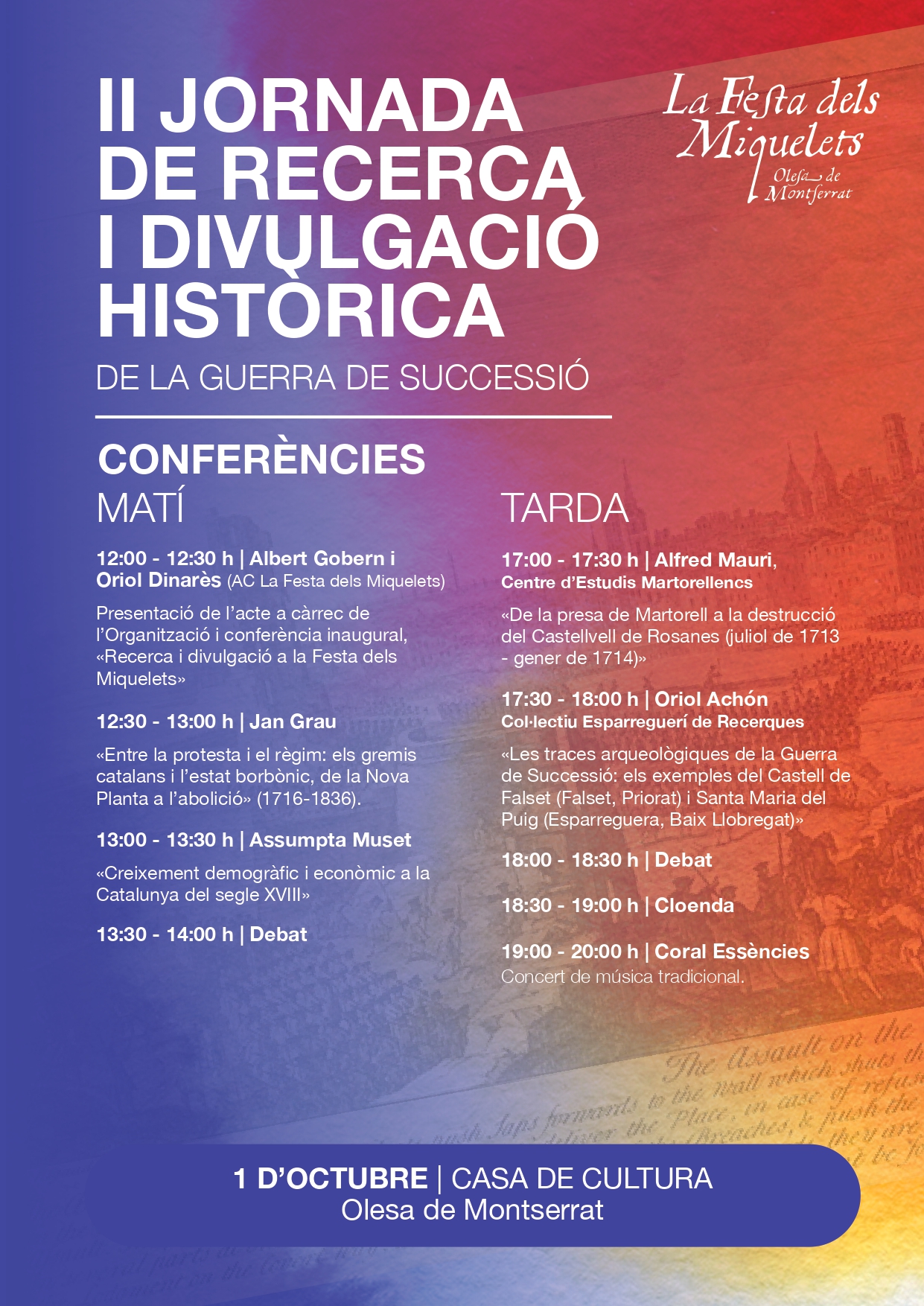 Cartell de la II Jornada e recerca i divulgació històrica per la Festa dels Miquelets 2023