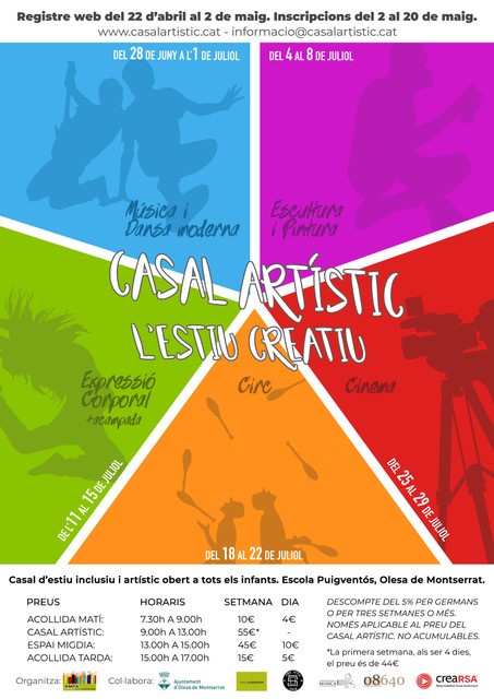 Cartell del Casal Artístic de l'Escola Puigventós dividit en 5 parts amb colors 