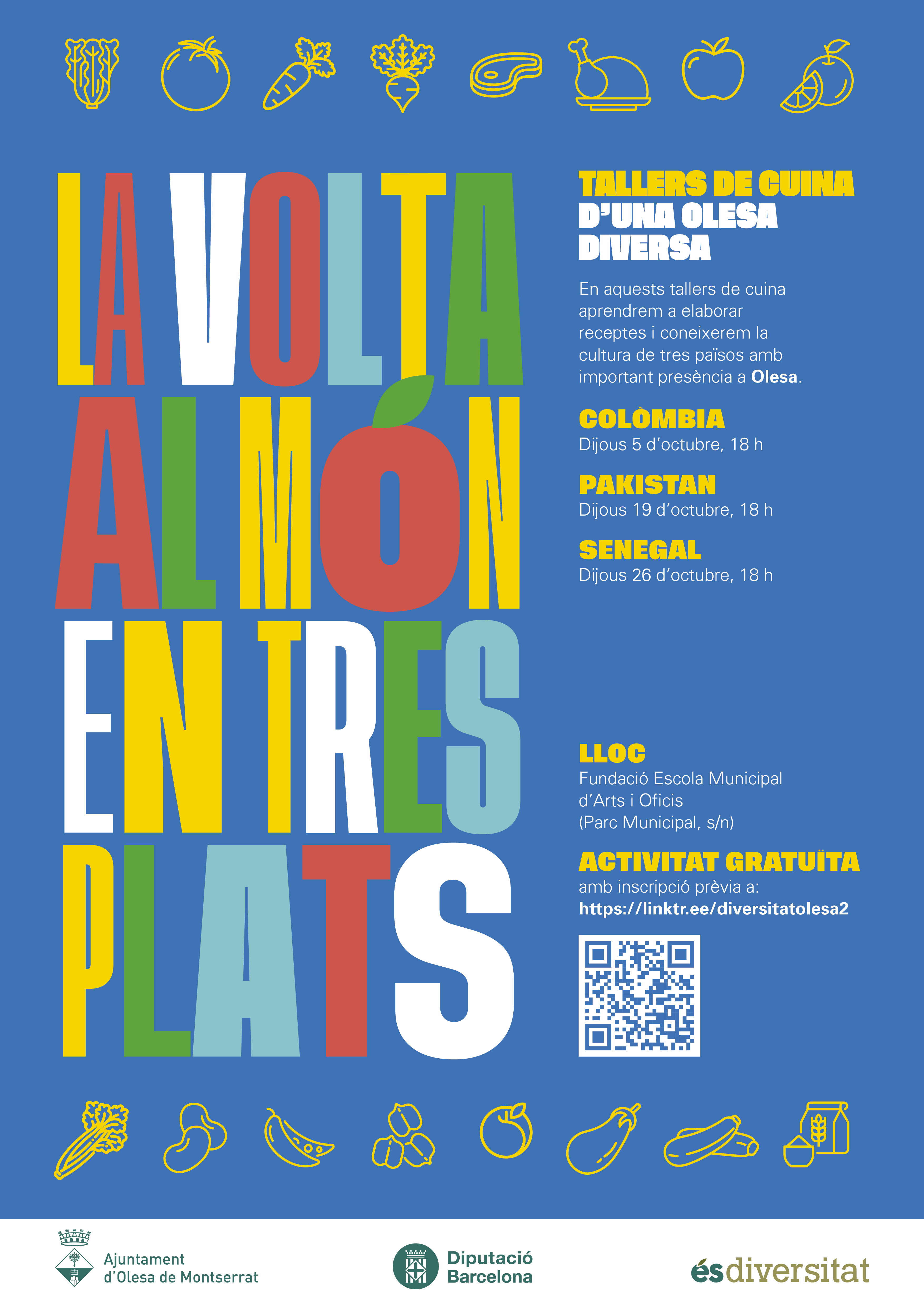 Cartell dels tallers de cuina "La volta al món en tres plats"