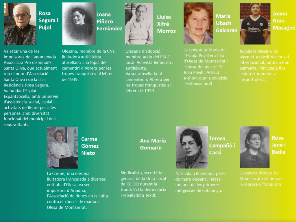 Propostes de noms de dones olesanes: Rosa Segura, Joana Piñero, Lluïsa Xifré, Maria Ubach, Joana Grau, Carme Gómez, Ana gomarín, Teresa Campañà i rosa Jané