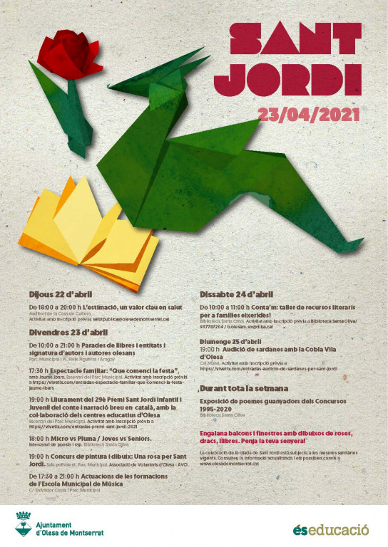Cartell amb l'agenda de Sant Jordi i un dibuix d'unes figures de paper: una rosa, un llibre i un drac