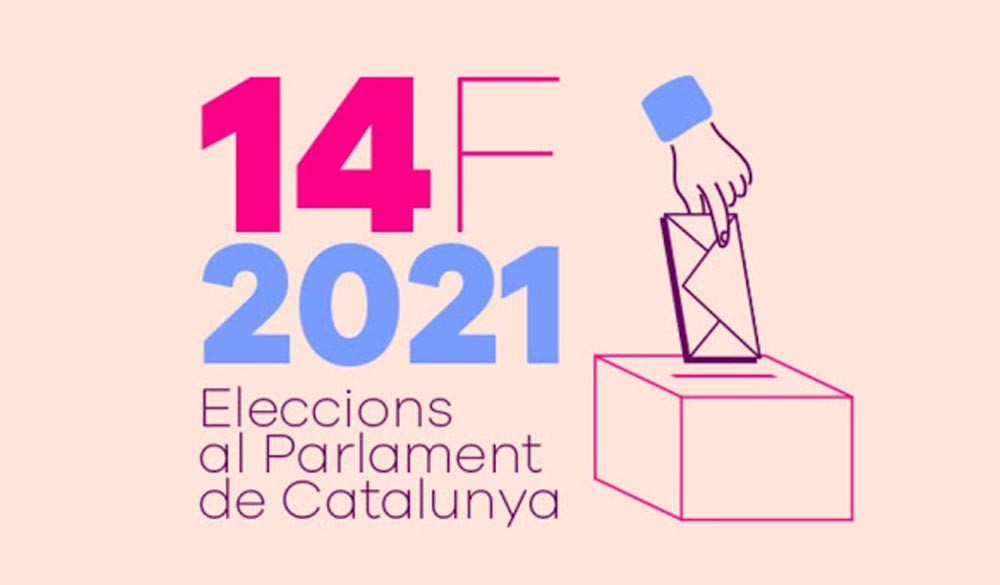 cartell del 14 F del 2021 eleccions al Parlament de Catalunya amb un dibuix d'una ma dipositant el vot en una urna amb 